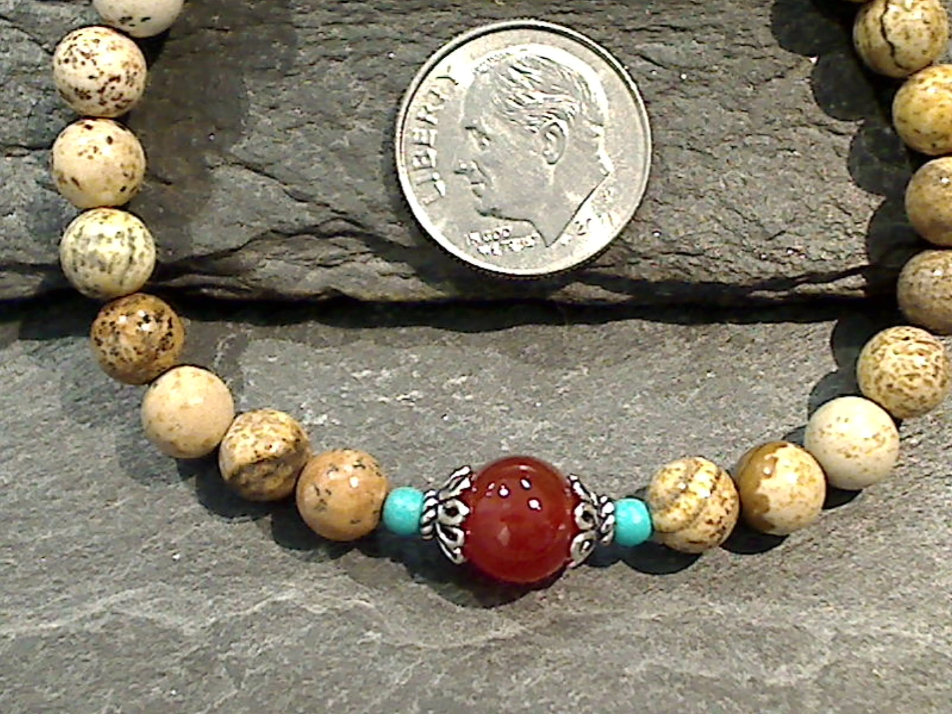 7.5" Jasper, Carnelian, Turquoise, Sterling Silver Bracelet