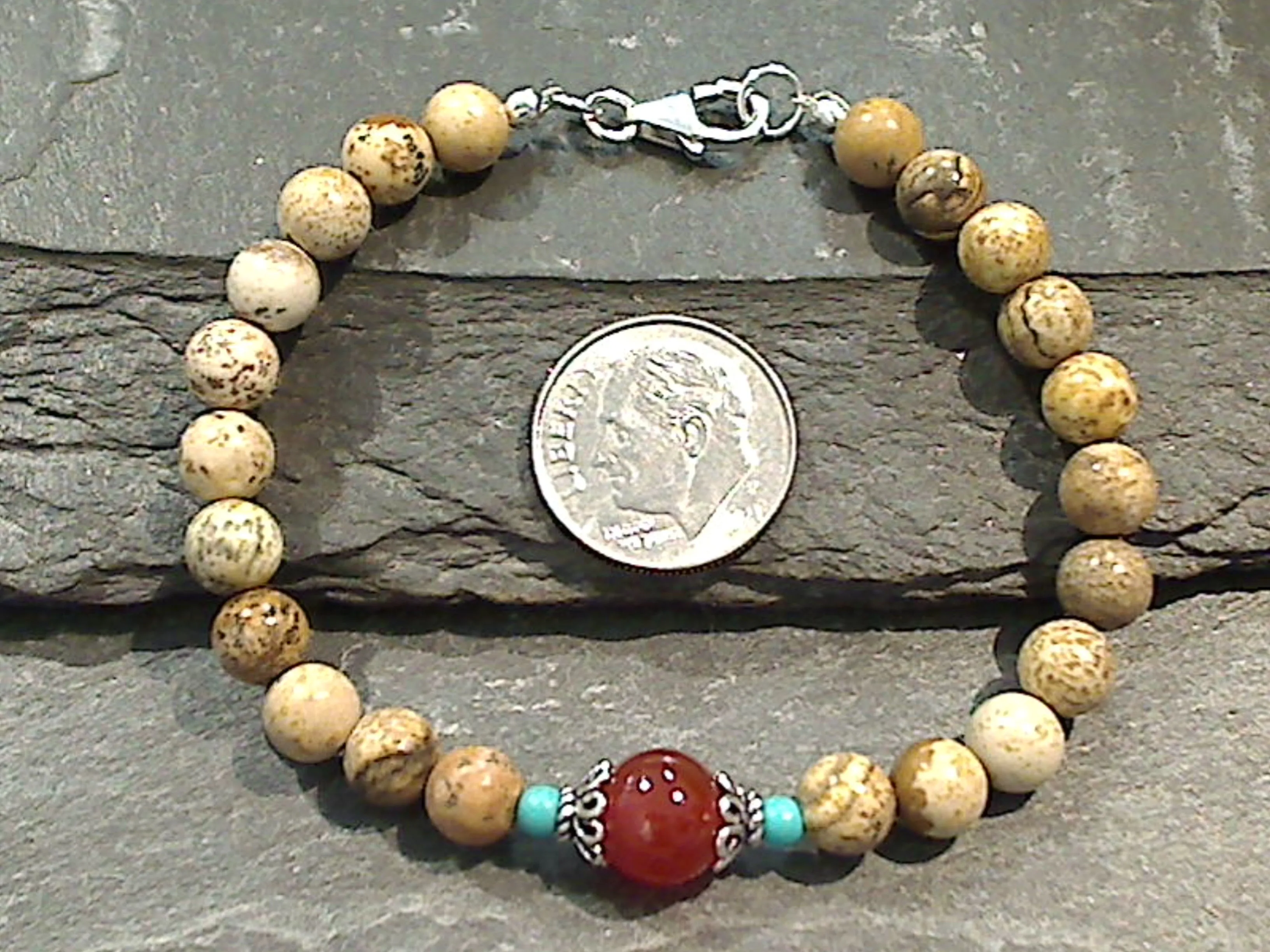 7.5" Jasper, Carnelian, Turquoise, Sterling Silver Bracelet