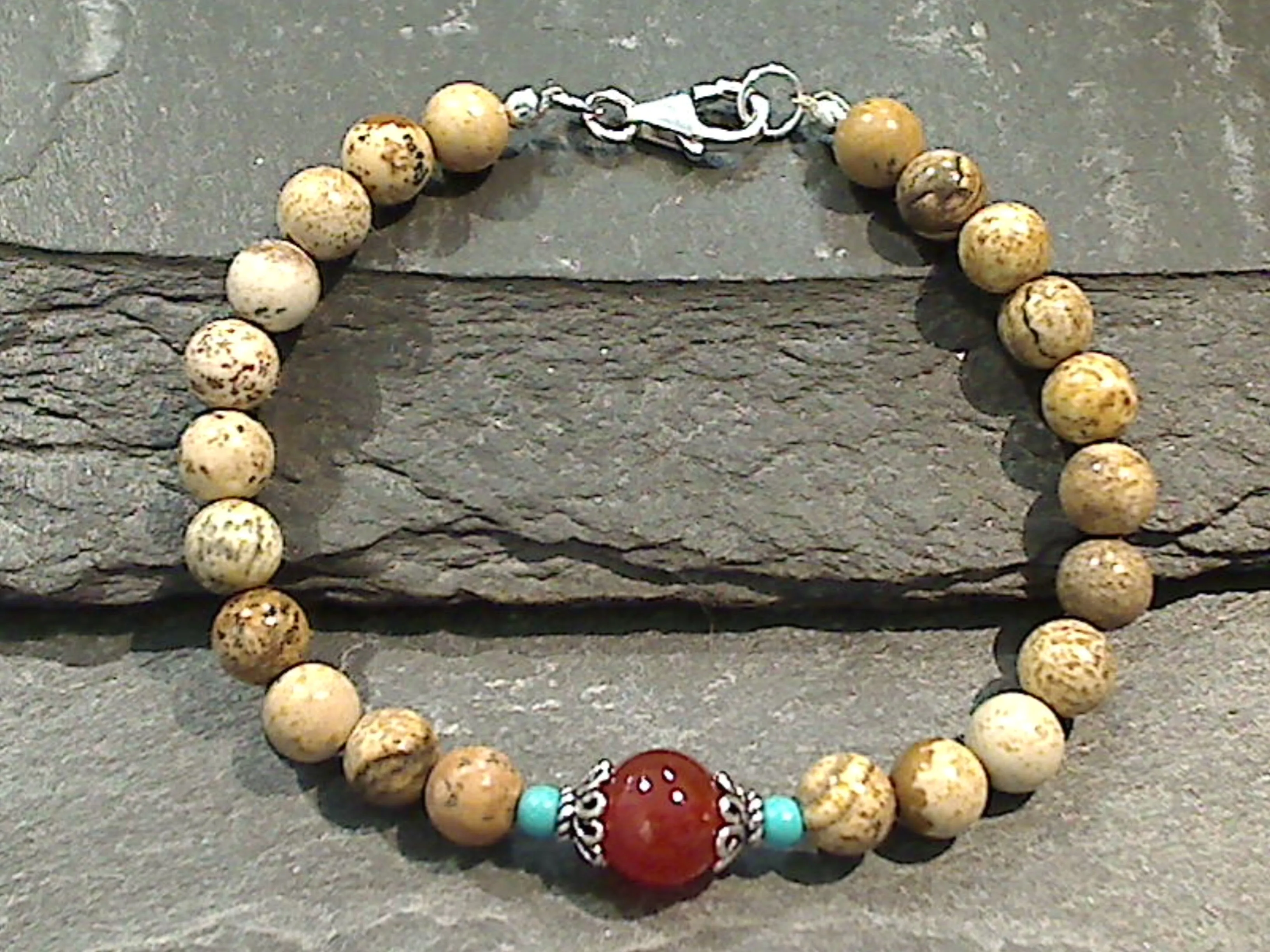 7.5" Jasper, Carnelian, Turquoise, Sterling Silver Bracelet