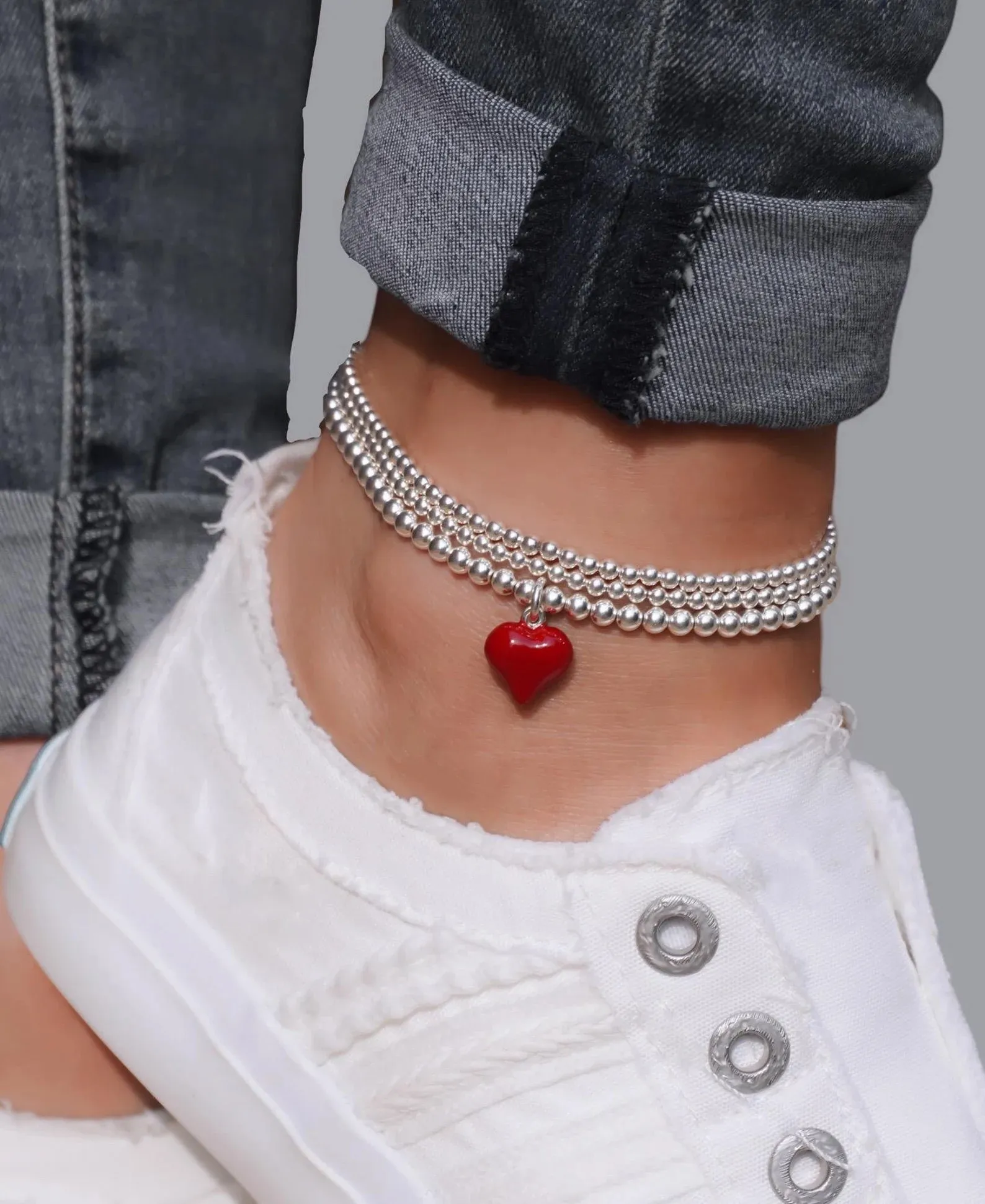 925 Sterling Silver Stretch Red Heart Anklet, Sterling Silver Anklet, Ankle Bracelet, Heart, Anklet