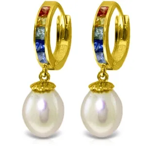 9.3 Carat 14K Solid Yellow Gold Hoop Earrings Multicolor Sapphire Pearl