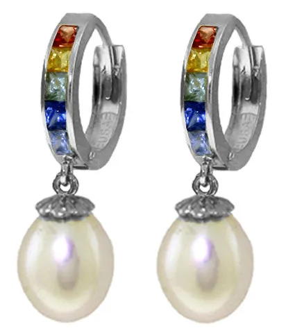 9.3 Carat 14K Solid Yellow Gold Hoop Earrings Multicolor Sapphire Pearl