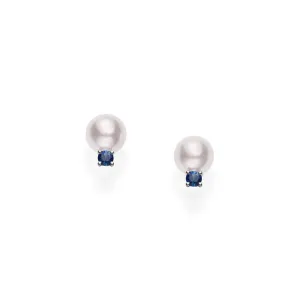 A  Akoya Pearl and 0.27ct Sapphire Stud Earrings in 18K White Gold