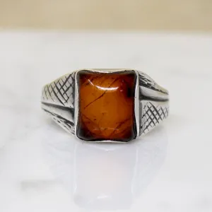 Amber Cushion in Engraved Sterling Ring