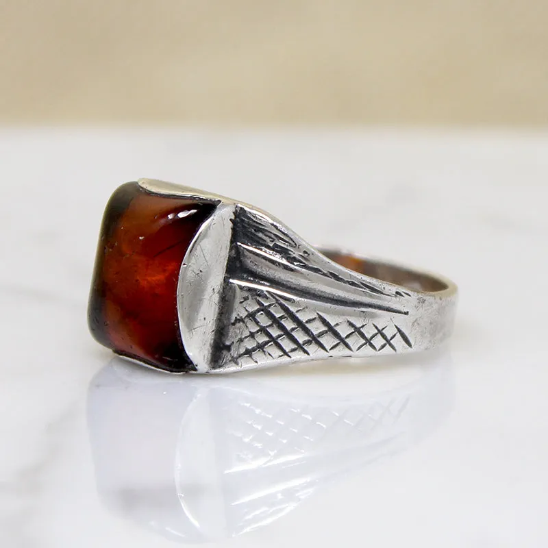 Amber Cushion in Engraved Sterling Ring