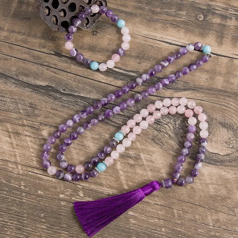 Amethyst Rose Quartz Beaded Necklace & Bracelet