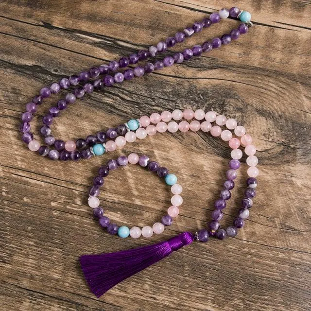 Amethyst Rose Quartz Beaded Necklace & Bracelet