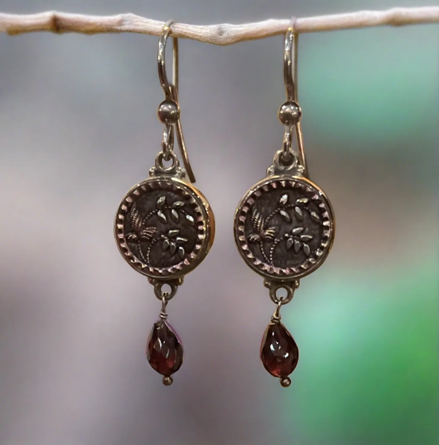 Antique Button Earrings, Burgundy Button With Garnet Drops