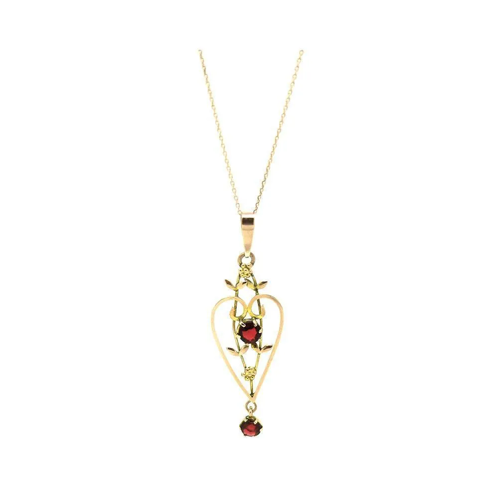 Antique Edwardian 9ct Rose Gold Heart Garnet Lavalier Necklace