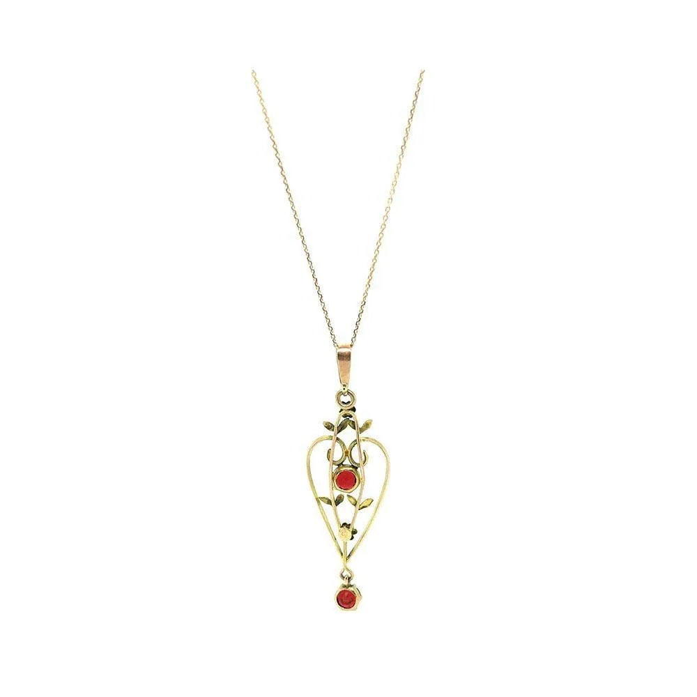 Antique Edwardian 9ct Rose Gold Heart Garnet Lavalier Necklace