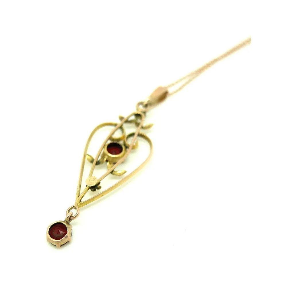 Antique Edwardian 9ct Rose Gold Heart Garnet Lavalier Necklace