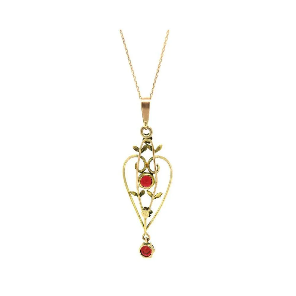 Antique Edwardian 9ct Rose Gold Heart Garnet Lavalier Necklace