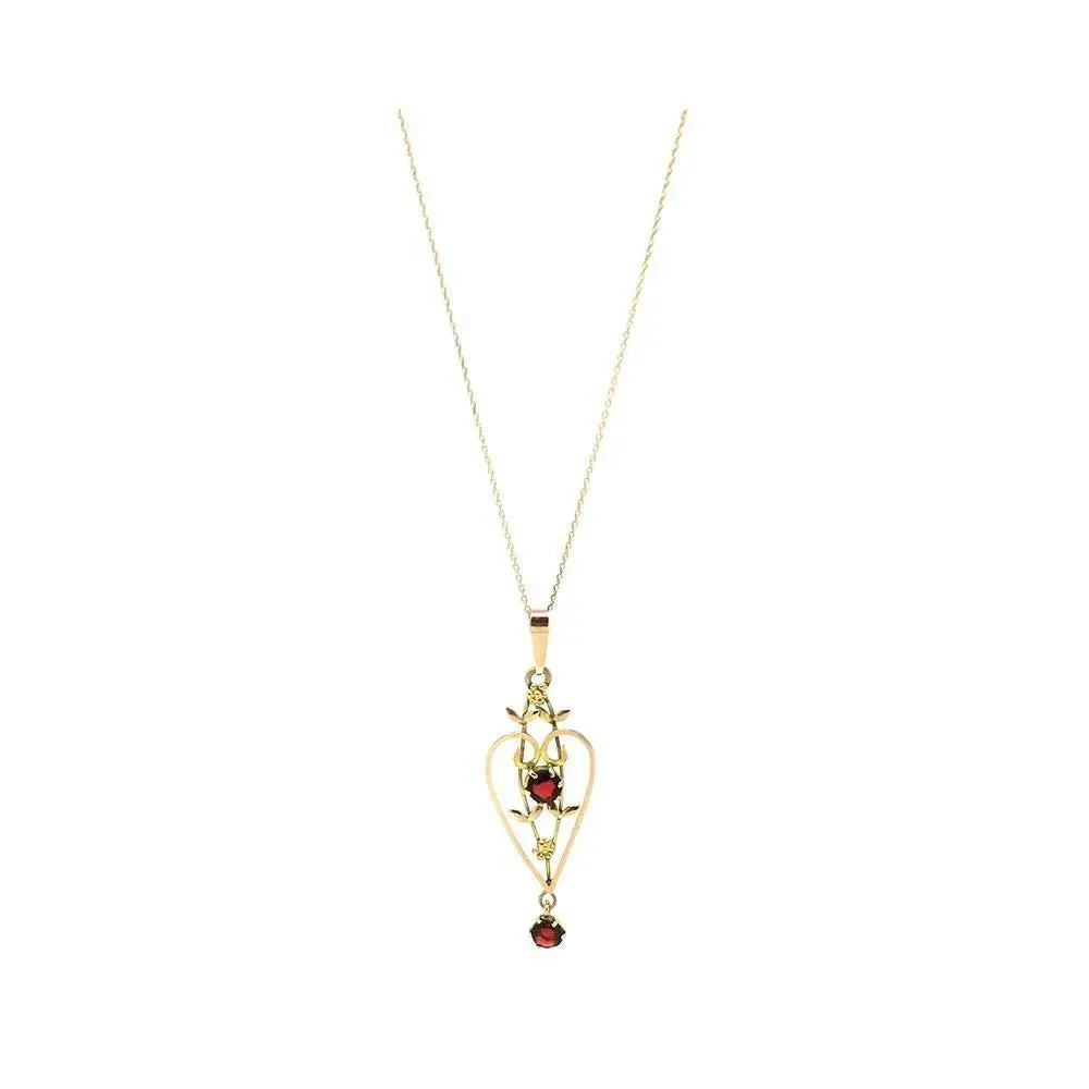 Antique Edwardian 9ct Rose Gold Heart Garnet Lavalier Necklace