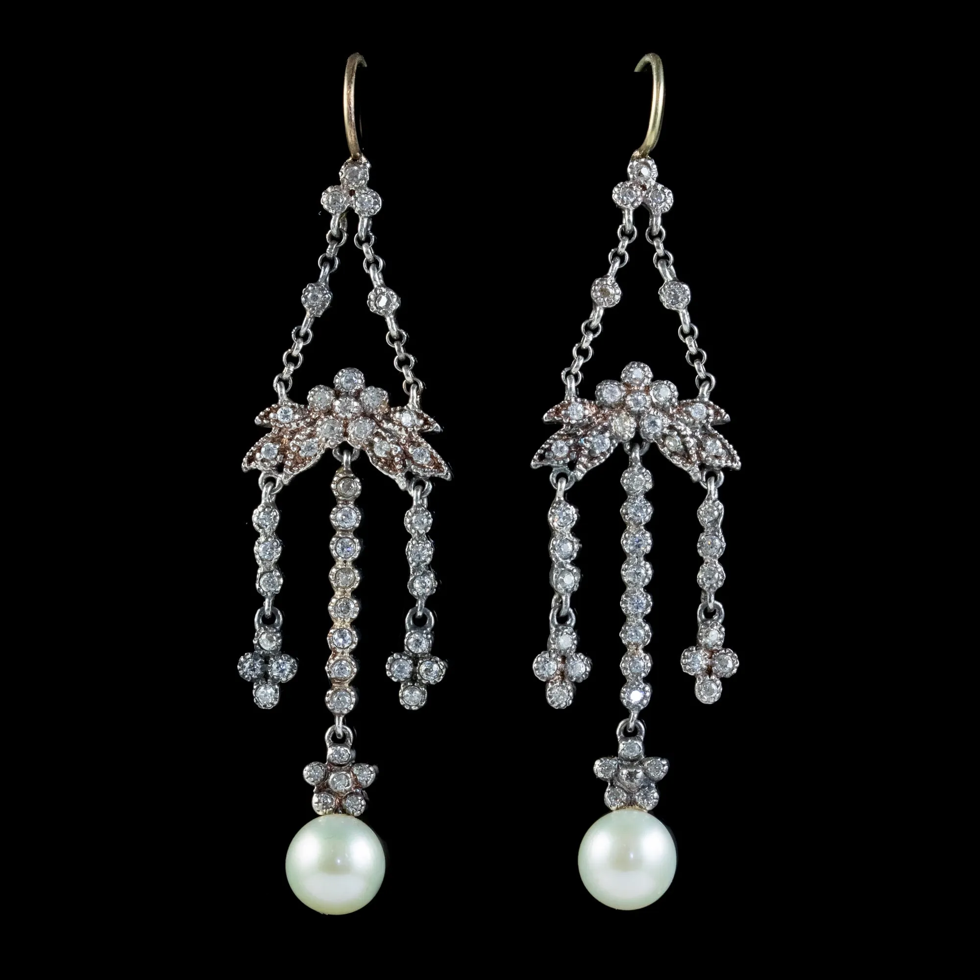 Antique Edwardian Pearl Paste Chandelier Earrings Silver Circa 1915