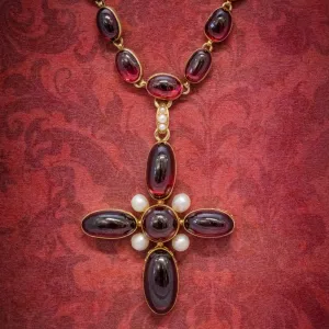 Antique French Garnet Pearl Cross Pendant Necklace 18Ct Gold Circa 1850