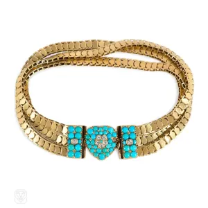 Antique gold and turquoise heart bracelet