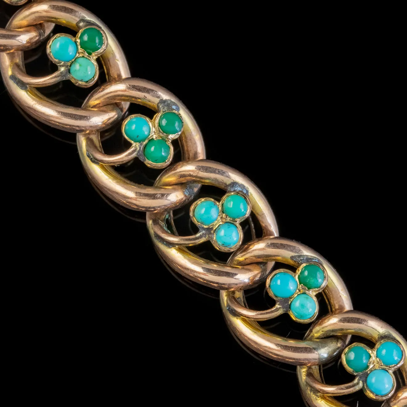 Antique Victorian Turquoise Shamrock Curb Bracelet 9Ct Gold Circa 1900