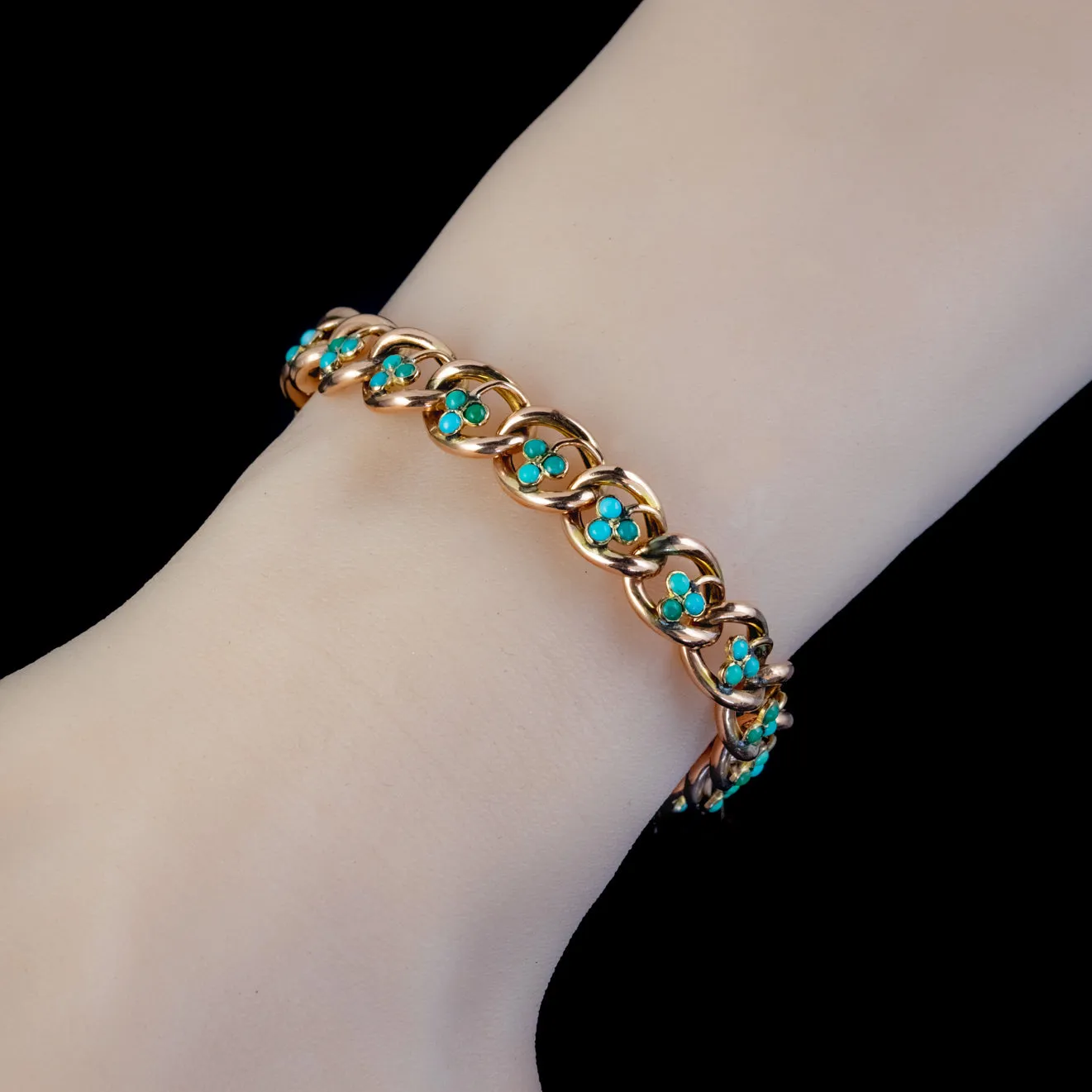 Antique Victorian Turquoise Shamrock Curb Bracelet 9Ct Gold Circa 1900