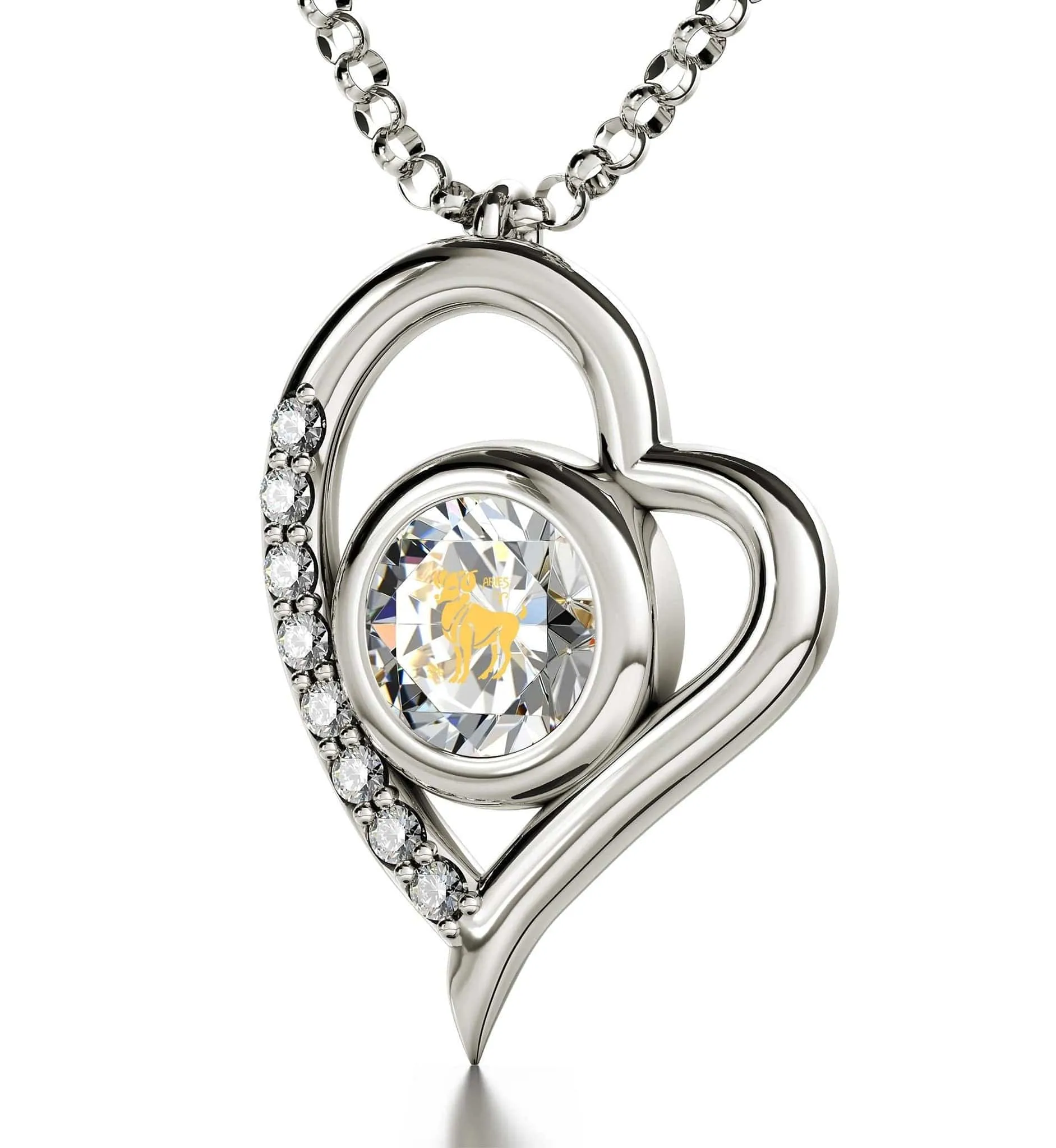 Aries Sign, 14k White Gold Diamonds Necklace, Swarovski