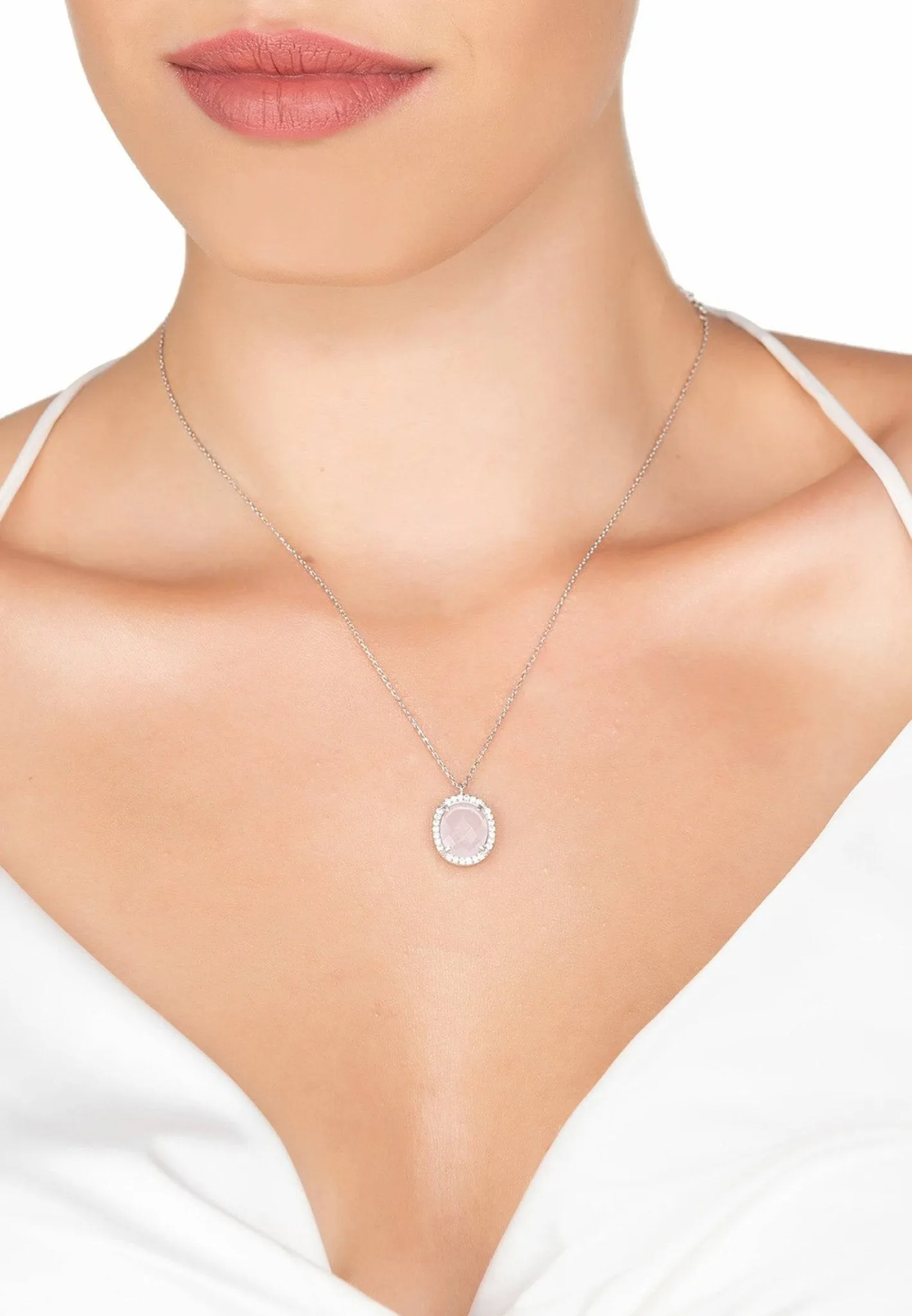 Beatrice Oval Gemstone Pendant Necklace Silver Rose Quartz