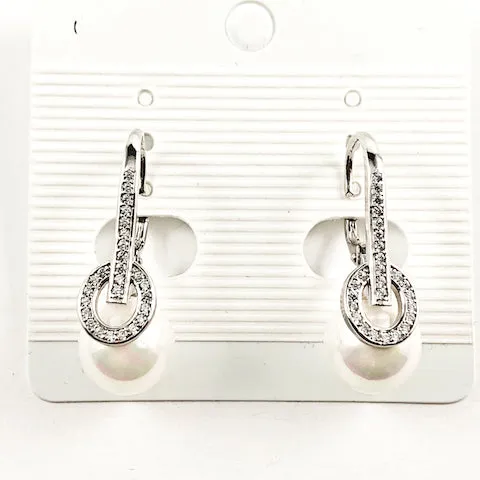 Beautiful Dangling Pearl Design Leverback CZ Silver Earrings