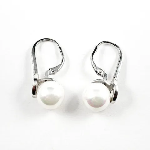 Beautiful Dangling Pearl Design Leverback CZ Silver Earrings