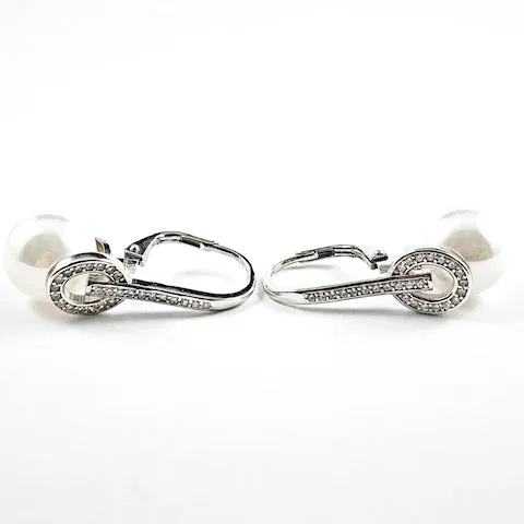 Beautiful Dangling Pearl Design Leverback CZ Silver Earrings