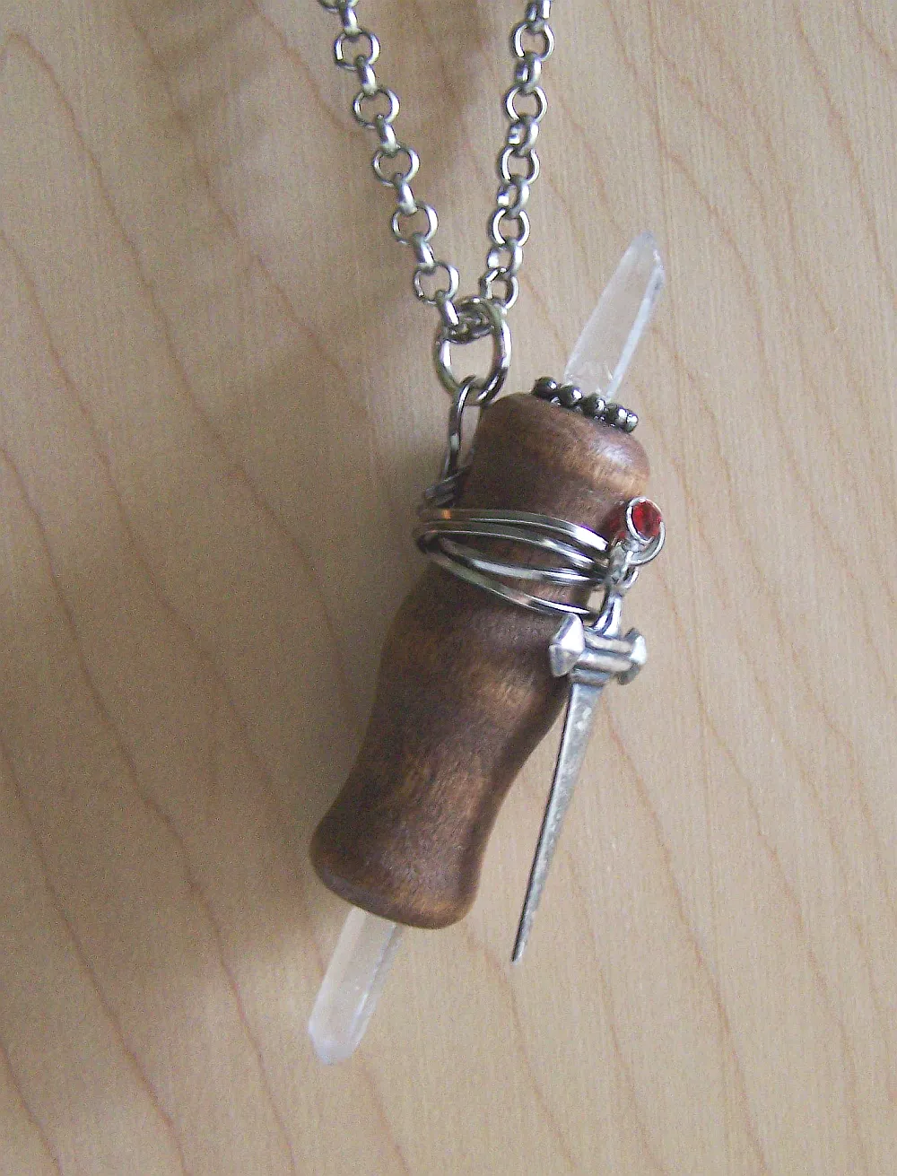 Beechwood Mini Wand Silver Dagger Quartz Crystal Pendant Necklace