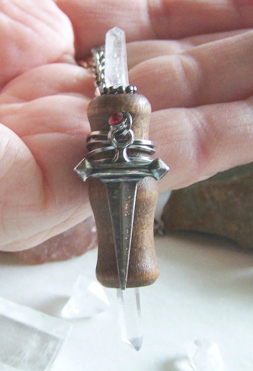 Beechwood Mini Wand Silver Dagger Quartz Crystal Pendant Necklace