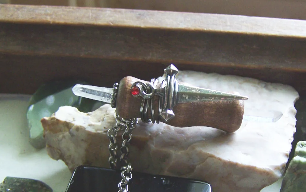 Beechwood Mini Wand Silver Dagger Quartz Crystal Pendant Necklace