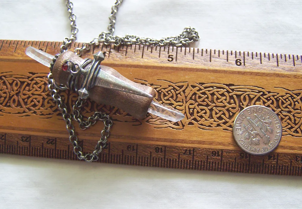 Beechwood Mini Wand Silver Dagger Quartz Crystal Pendant Necklace