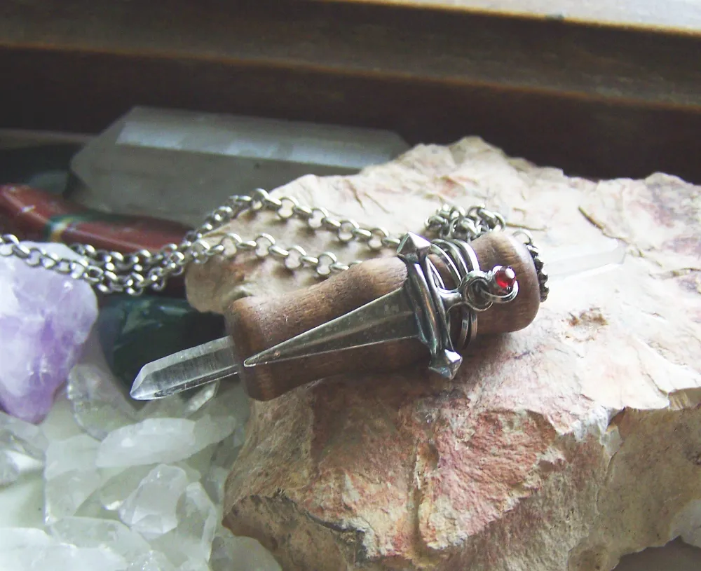 Beechwood Mini Wand Silver Dagger Quartz Crystal Pendant Necklace