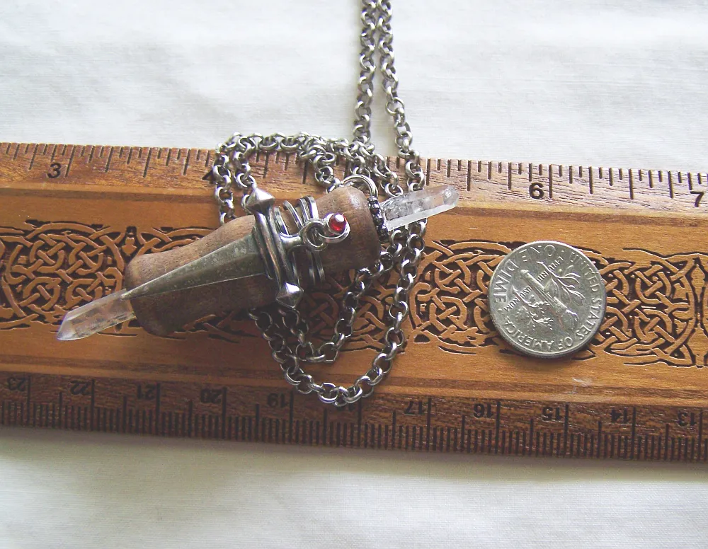 Beechwood Mini Wand Silver Dagger Quartz Crystal Pendant Necklace