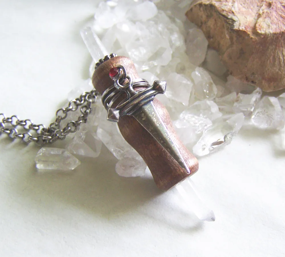 Beechwood Mini Wand Silver Dagger Quartz Crystal Pendant Necklace