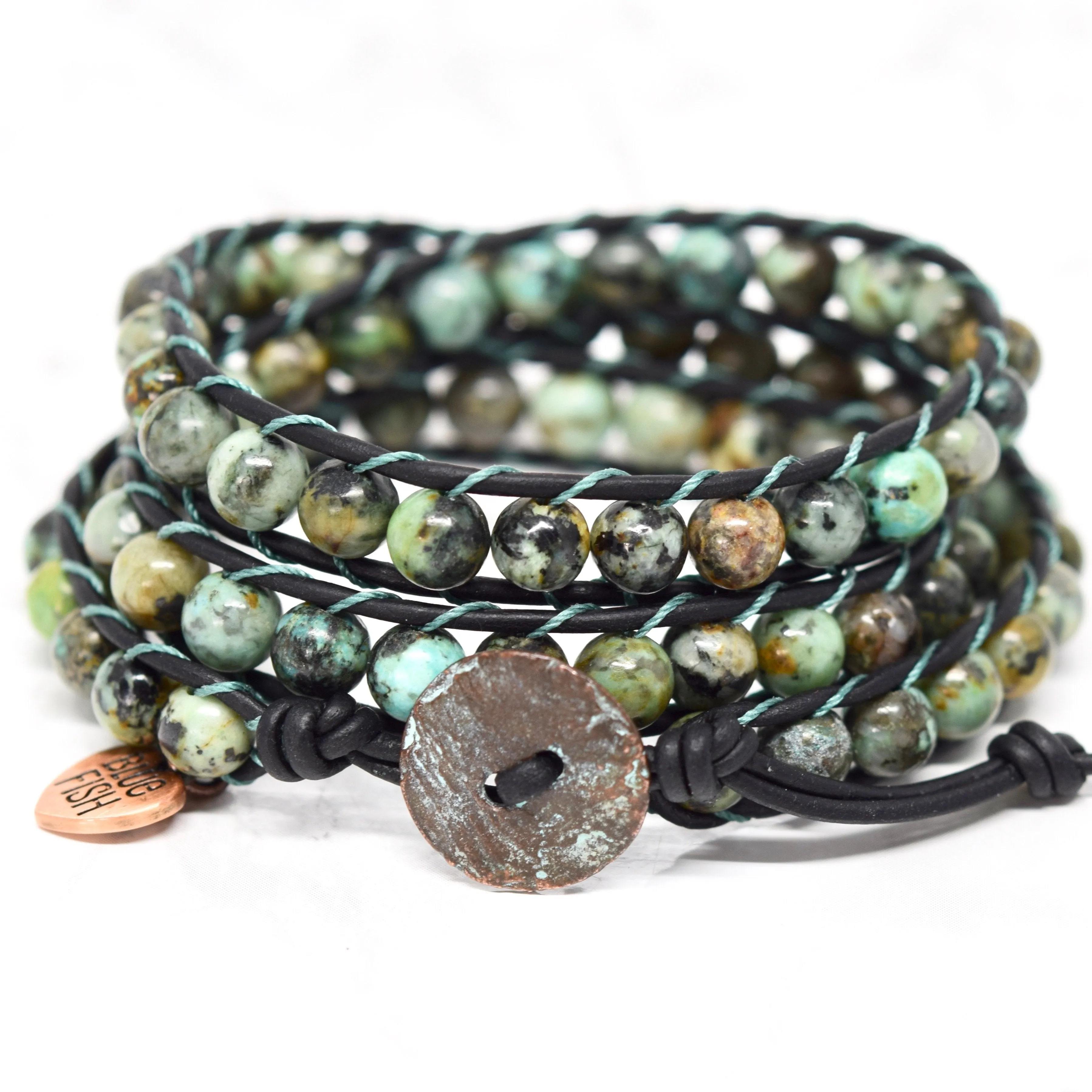 Black Leather & African Turquoise Wrap Bracelet