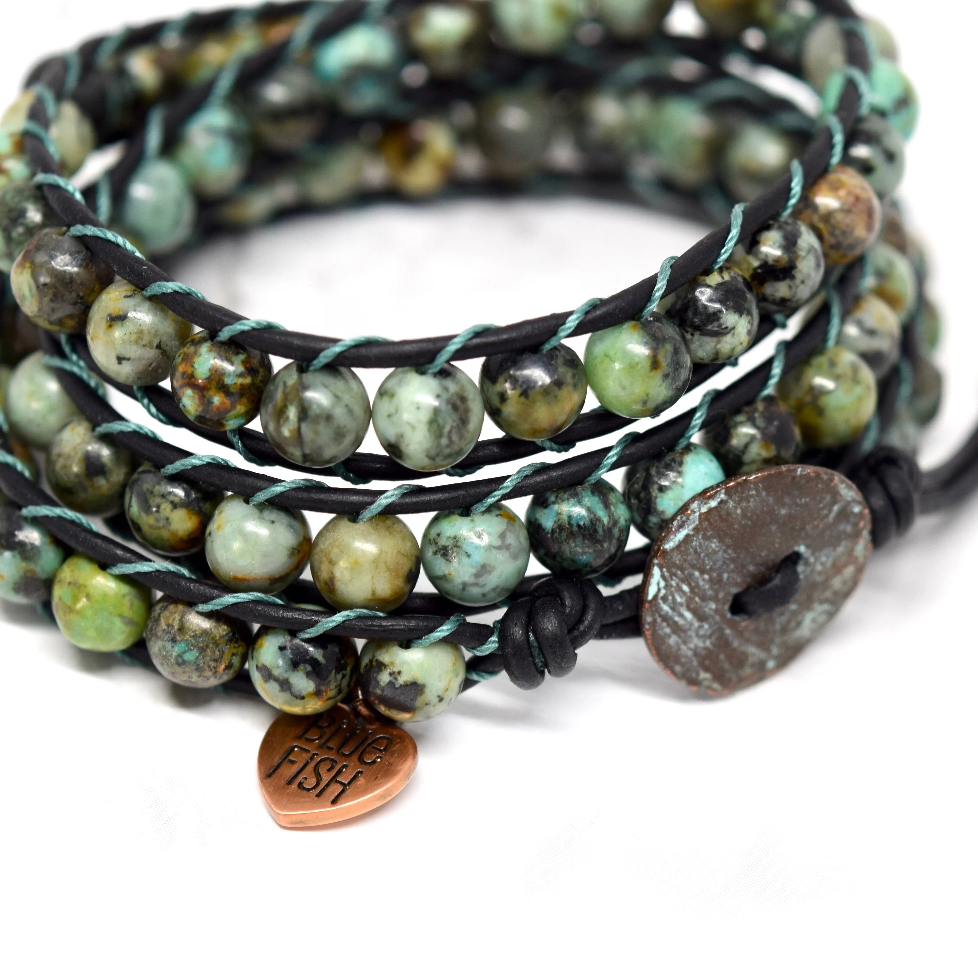 Black Leather & African Turquoise Wrap Bracelet