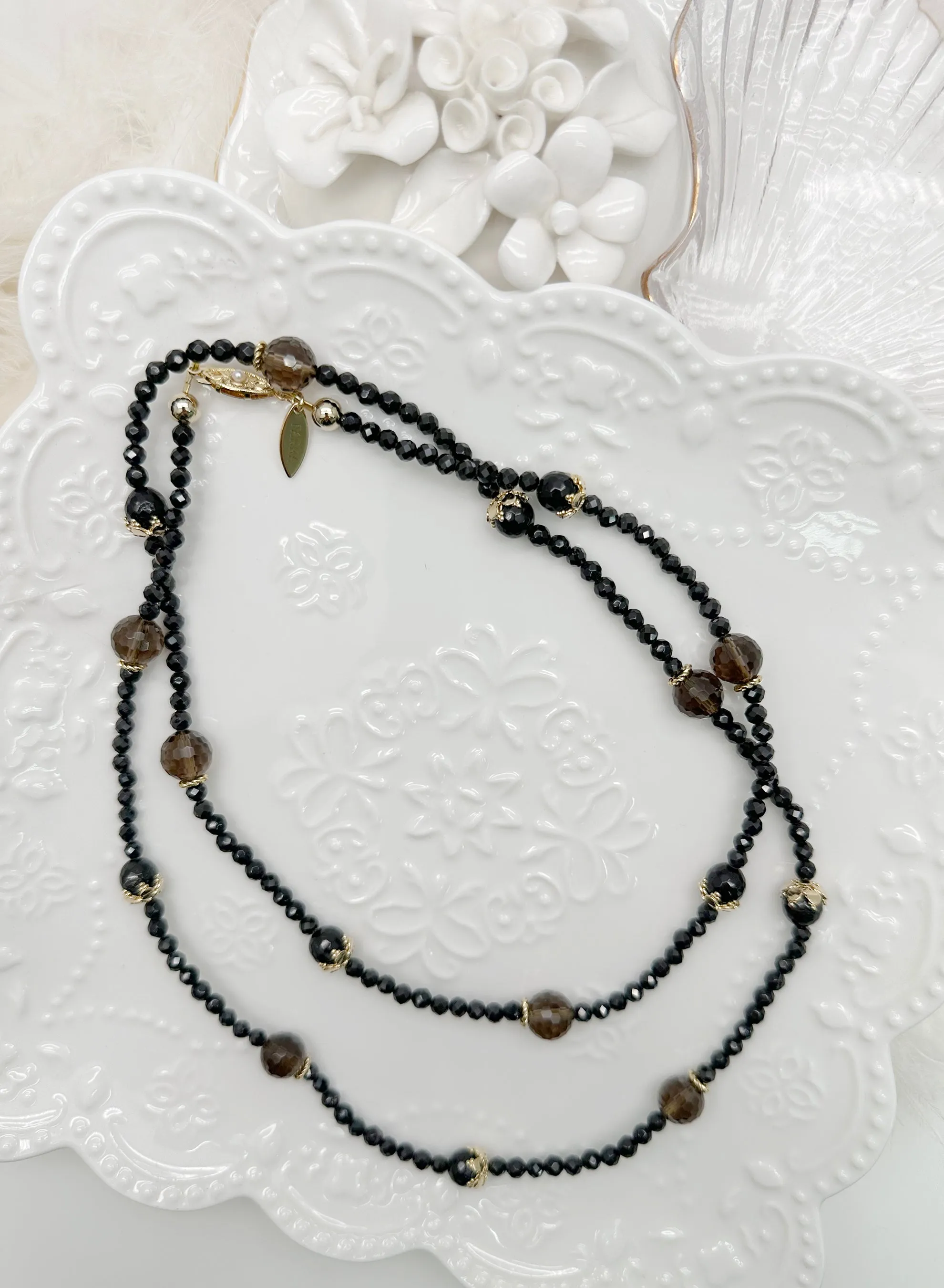 Black Obsidian And Smoky Multi-Way Necklace KN054