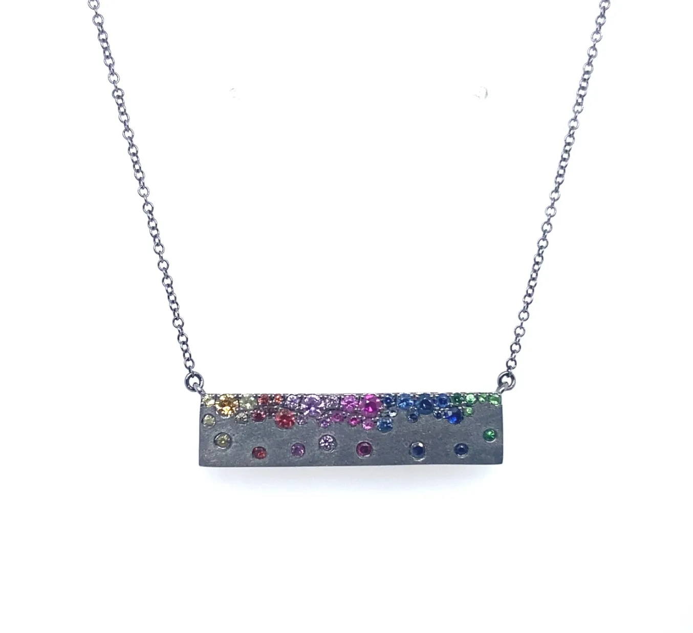 Black Satin Finish Rainbow Confetti Bar Necklace