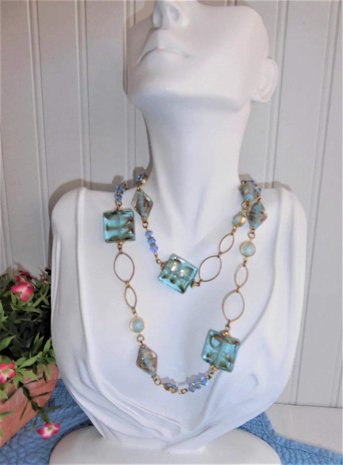 Blue Art Glass Necklace Turquoise Squares Gold Wrapped Rondelles Gold Links 28 In