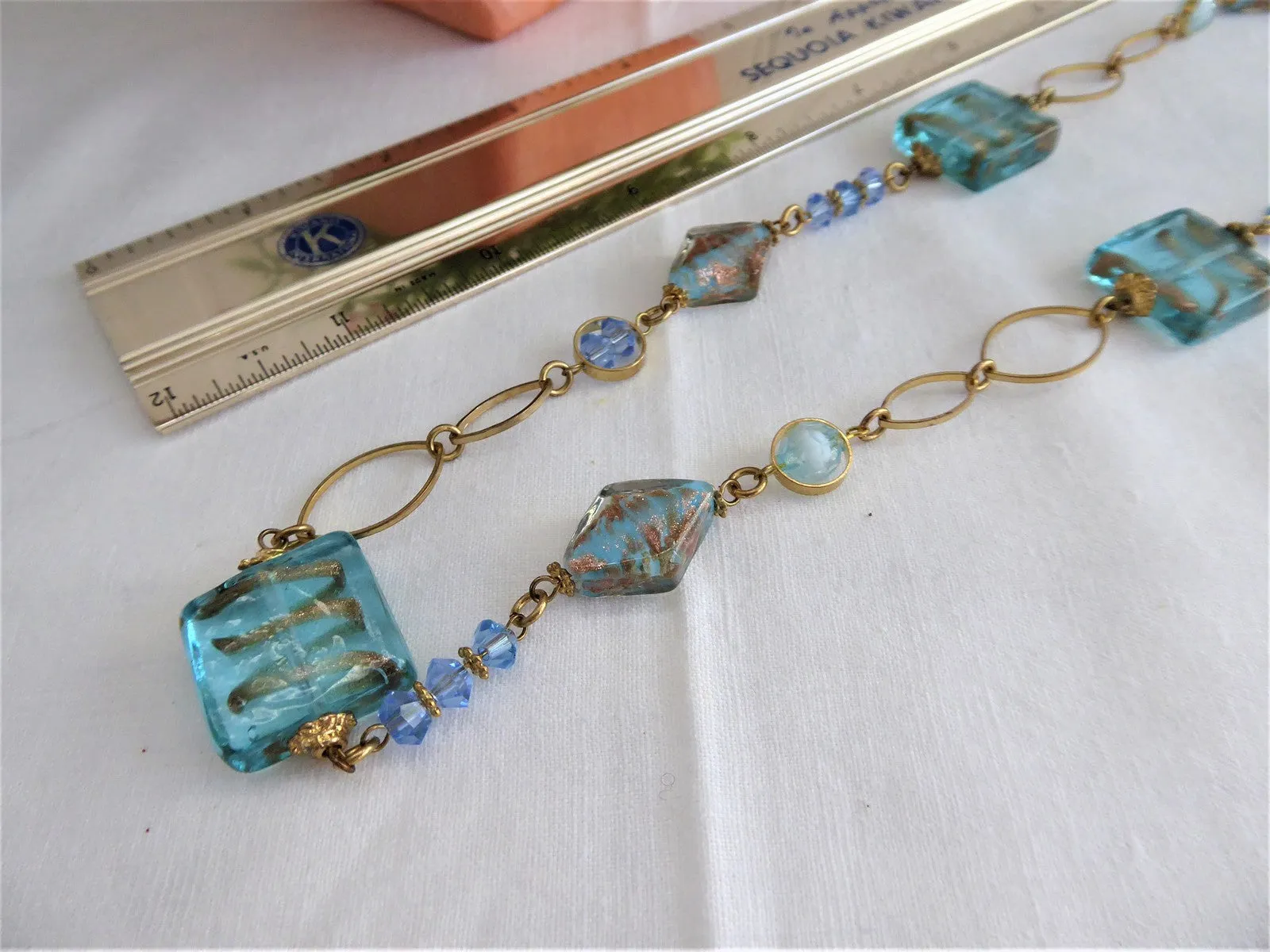 Blue Art Glass Necklace Turquoise Squares Gold Wrapped Rondelles Gold Links 28 In