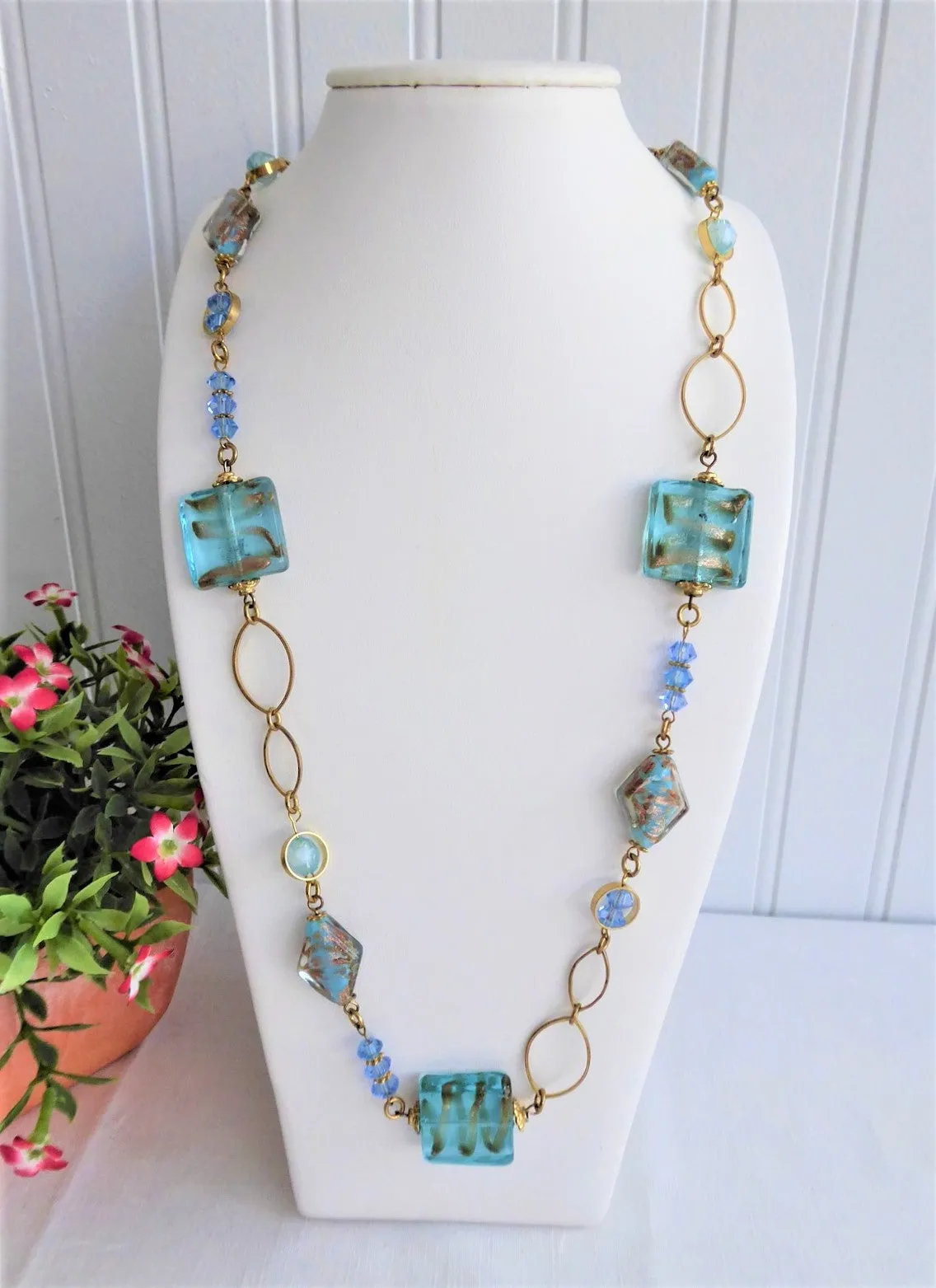 Blue Art Glass Necklace Turquoise Squares Gold Wrapped Rondelles Gold Links 28 In