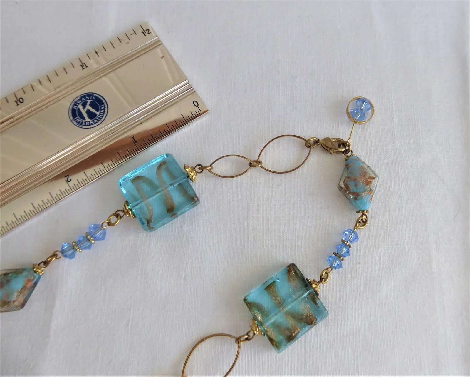 Blue Art Glass Necklace Turquoise Squares Gold Wrapped Rondelles Gold Links 28 In