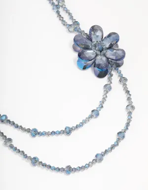 Blue Beaded Flower Layered Necklace