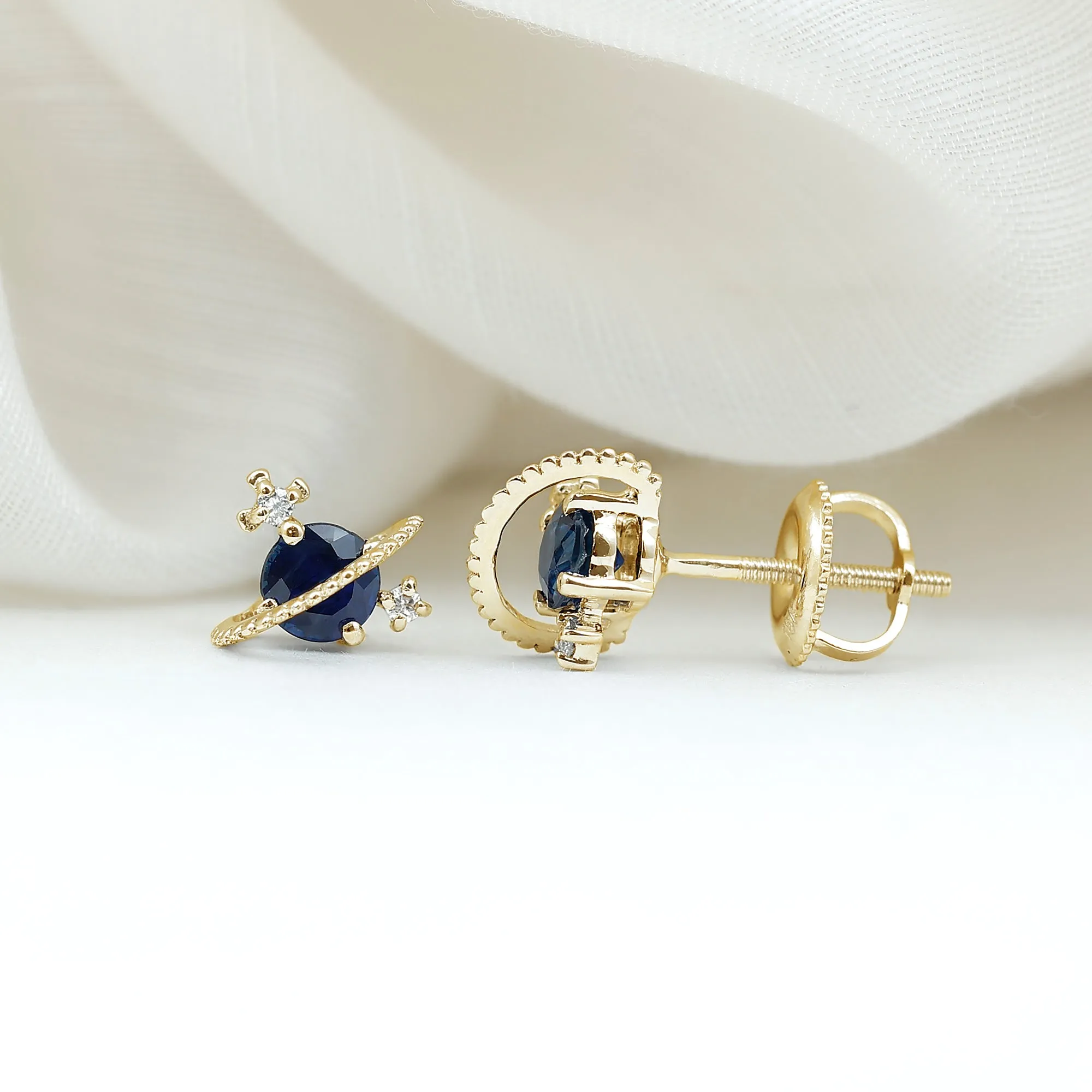 Blue Sapphire and Diamond Celestial Stud Earrings