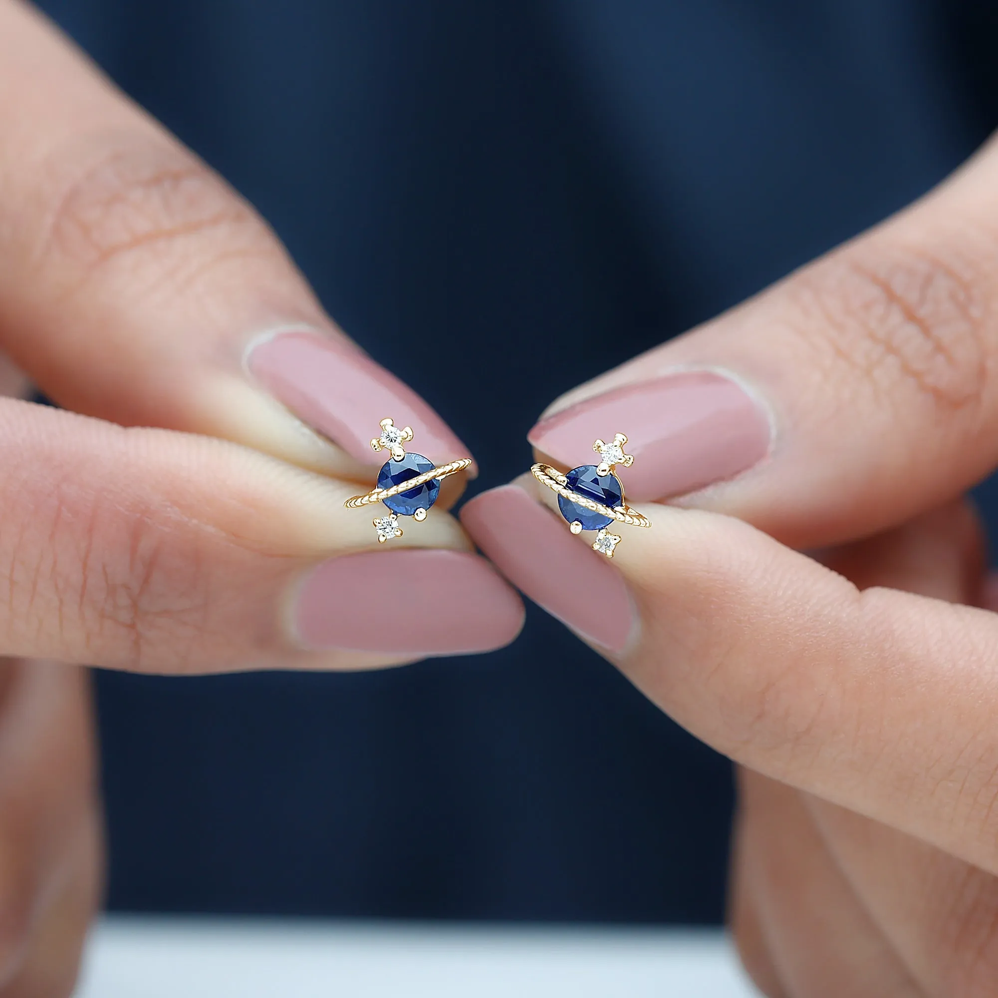 Blue Sapphire and Diamond Celestial Stud Earrings