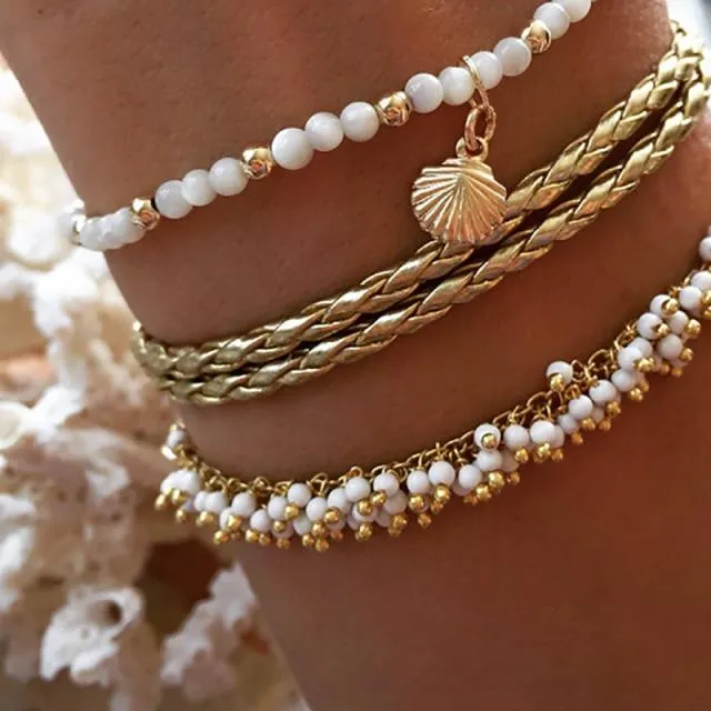 Bohemian Shell Anklet Bracelets Set Pearl Charms Anklet Foot Chain