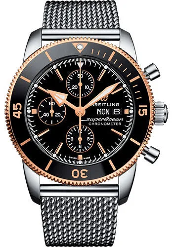 Breitling Superocean Heritage II Chronograph 44 Watch - Steel and Rose Gold Case - Black Dial - Steel Aero Classic Bracelet - U13313121B1A1