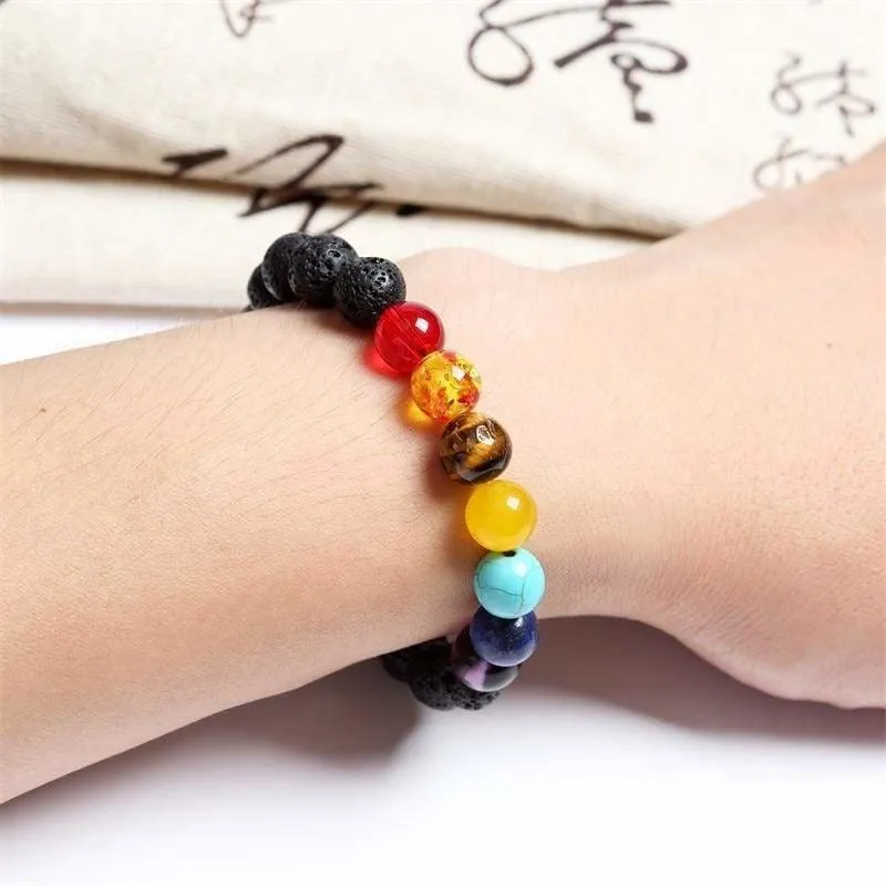 Chakra Lava  Bracelet Black Lava Healing Balance Beads