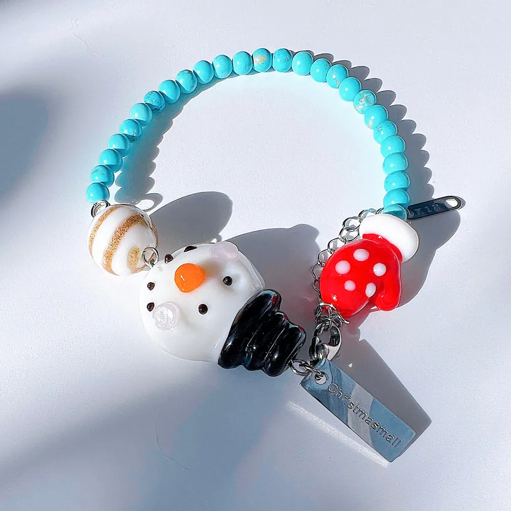 Christmas Snowman Jewelry Handmade Charm Bracelet with Murano Glass Turquoise Gemstones