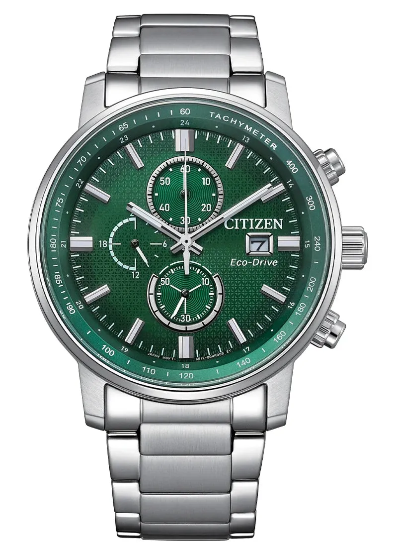 CITIZEN GENTS ECO-DRIVE CHRONOGRAPH GREEN DIAL STAINLESS CA0840-87X